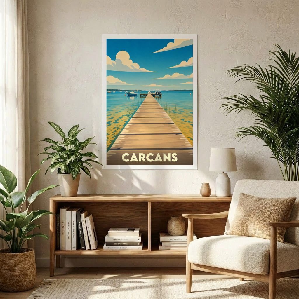 Affiche souvenir de la ville de Carcans représentant un ponton au bord d'un lac dans un style illustré.