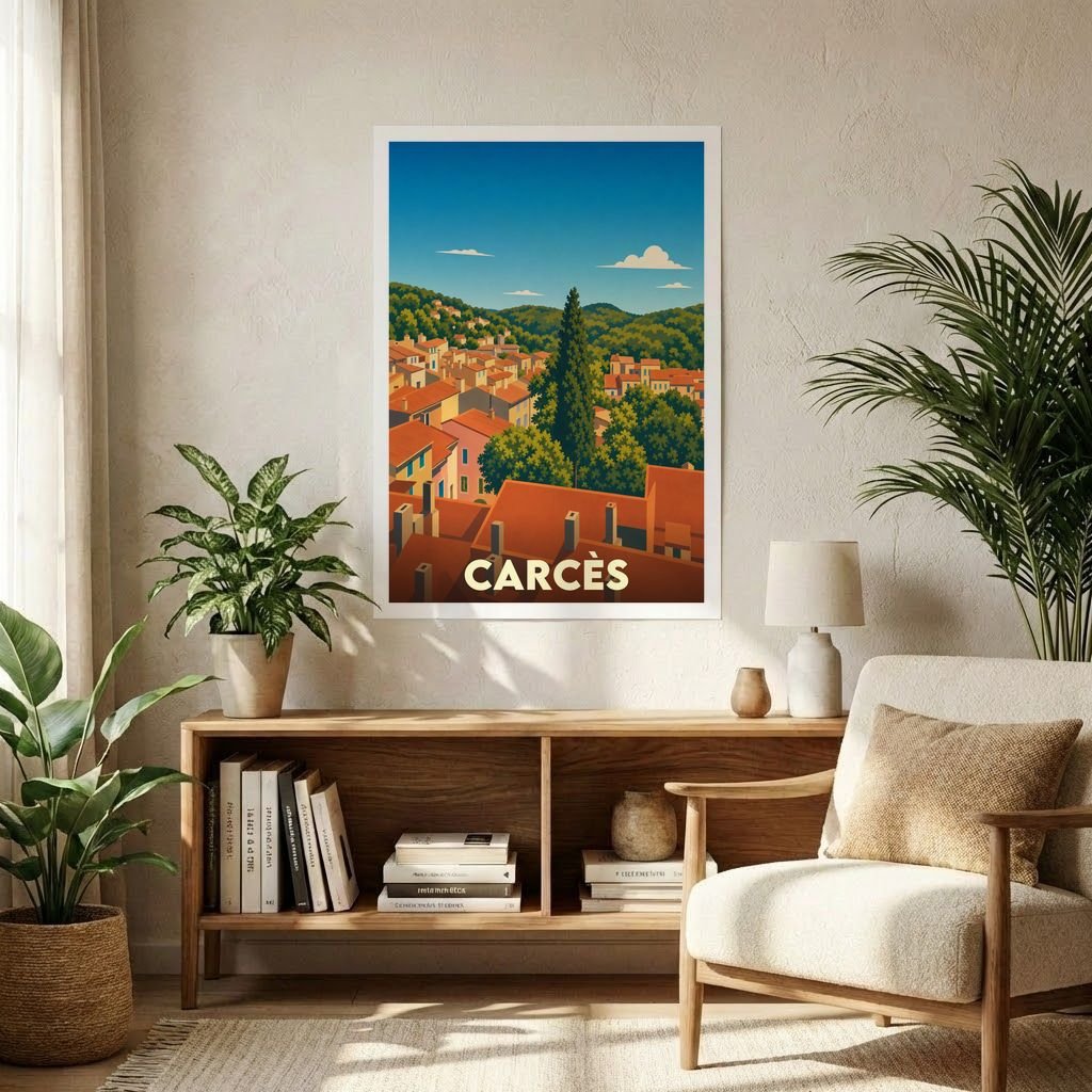 Affiche souvenir de la ville de Carcès avec une illustration stylisée de ses toits provençaux.