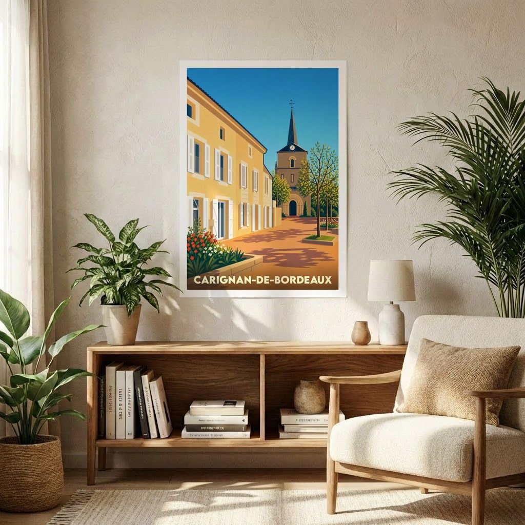 Affiche souvenir de la ville de Carignan-de-Bordeaux avec une illustration stylisée.