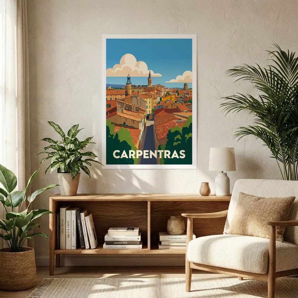 Affiche souvenir de la ville de Carpentras avec une illustration stylisée de son paysage urbain.
