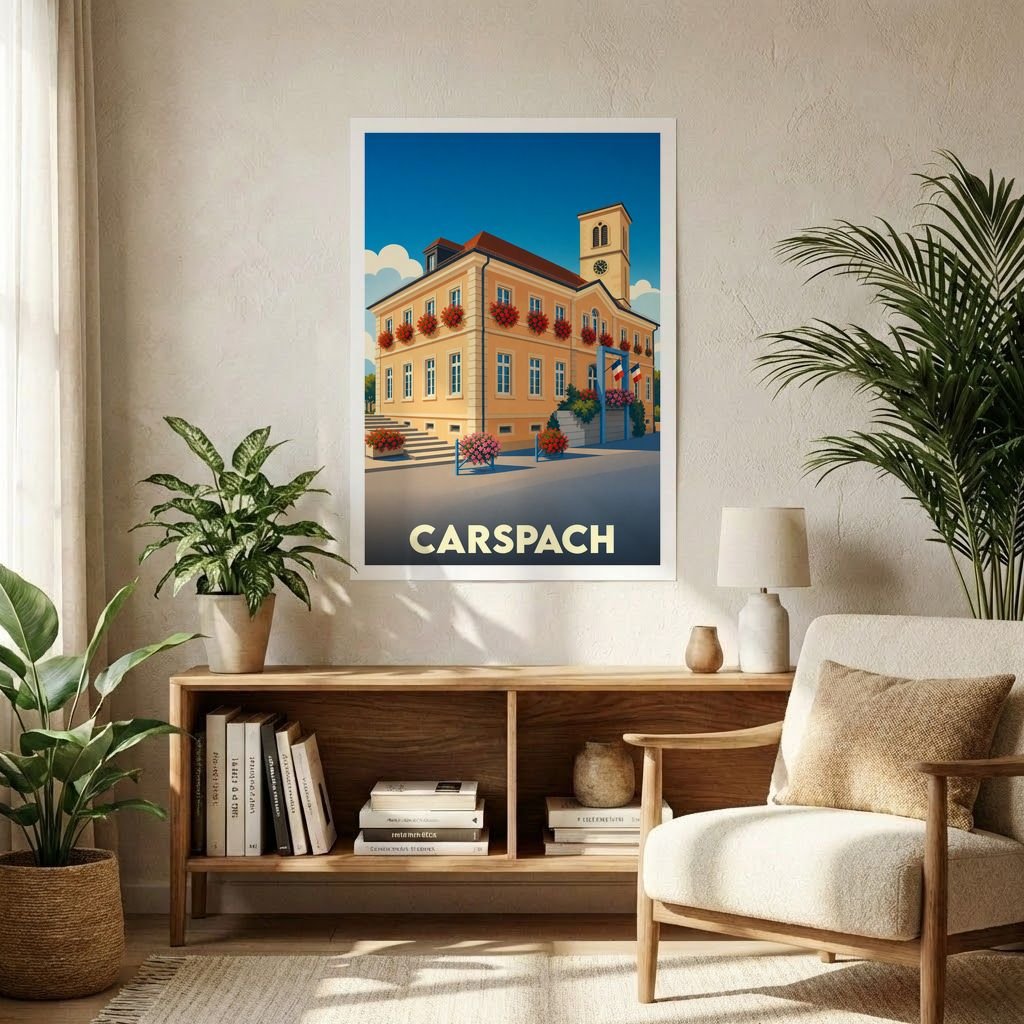 Affiche souvenir de la ville de Carspach illustrant son hôtel de ville dans un style vintage coloré.