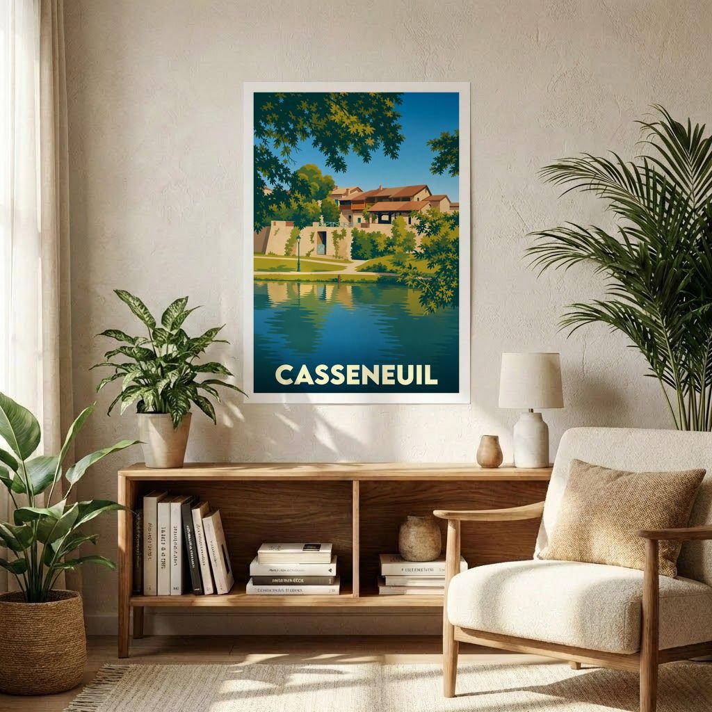 Affiche souvenir de la ville de Casseneuil avec une illustration stylisée et colorée.