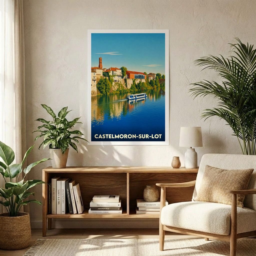 Affiche souvenir de la ville de Castelmoron-sur-Lot avec une illustration stylisée d'un bateau sur le Lot.