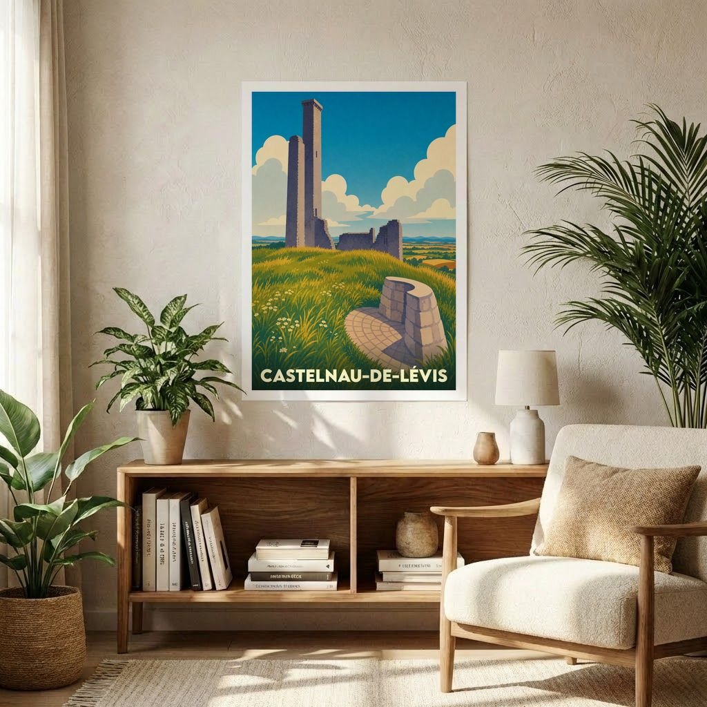 Affiche souvenir de la ville de Castelnau-de-Lévis avec une illustration stylisée de son château et de sa tour.