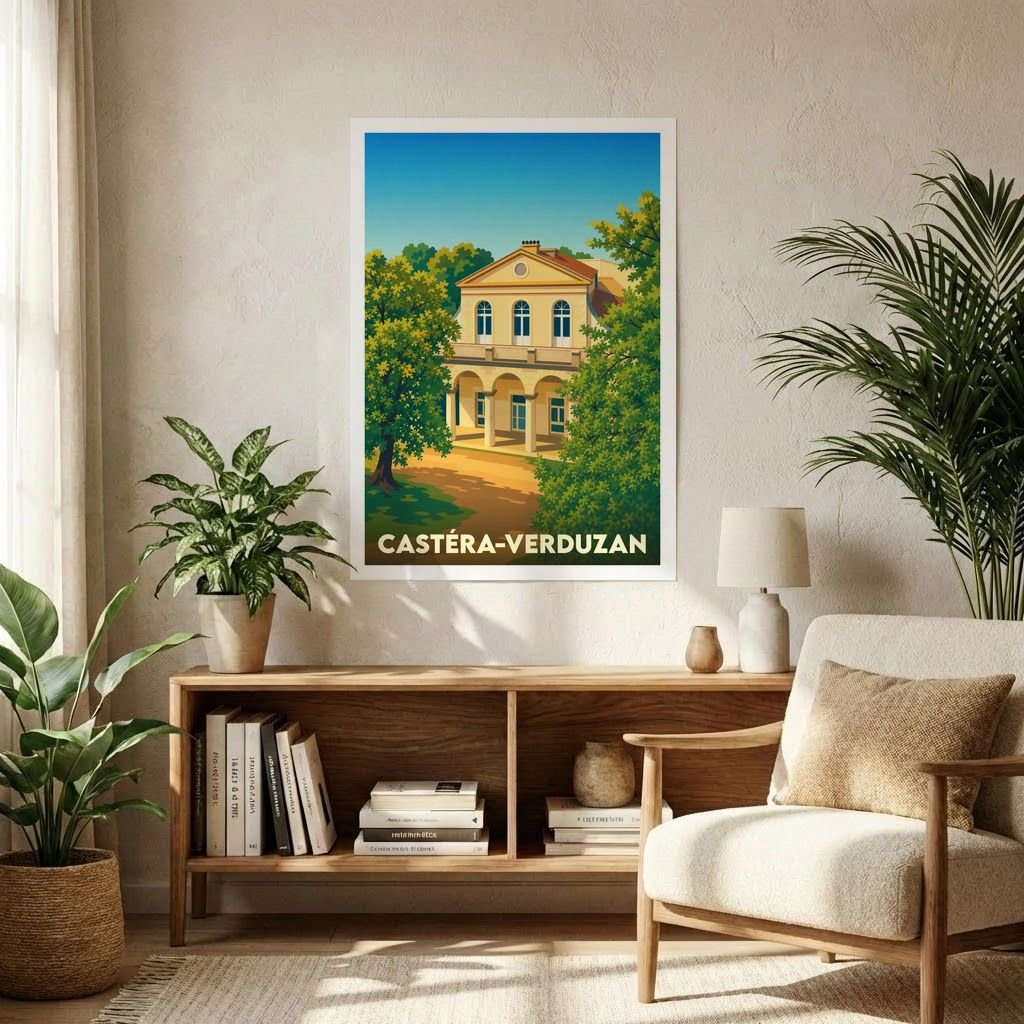 Affiche souvenir de la ville de Castéra-Verduzan avec une illustration stylisée de ses thermes historiques nichés dans la verdure.