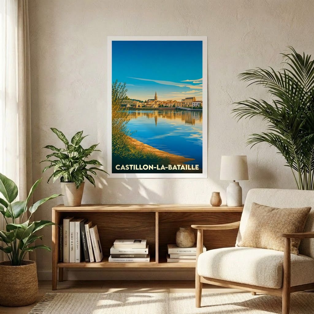 Affiche souvenir de la ville de Castillon-la-Bataille avec une illustration stylisée des bords de la Dordogne au coucher du soleil.