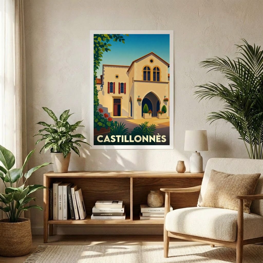 Affiche souvenir de la ville de Castillonnès avec une illustration stylisée d'un bâtiment historique sous un ciel bleu.