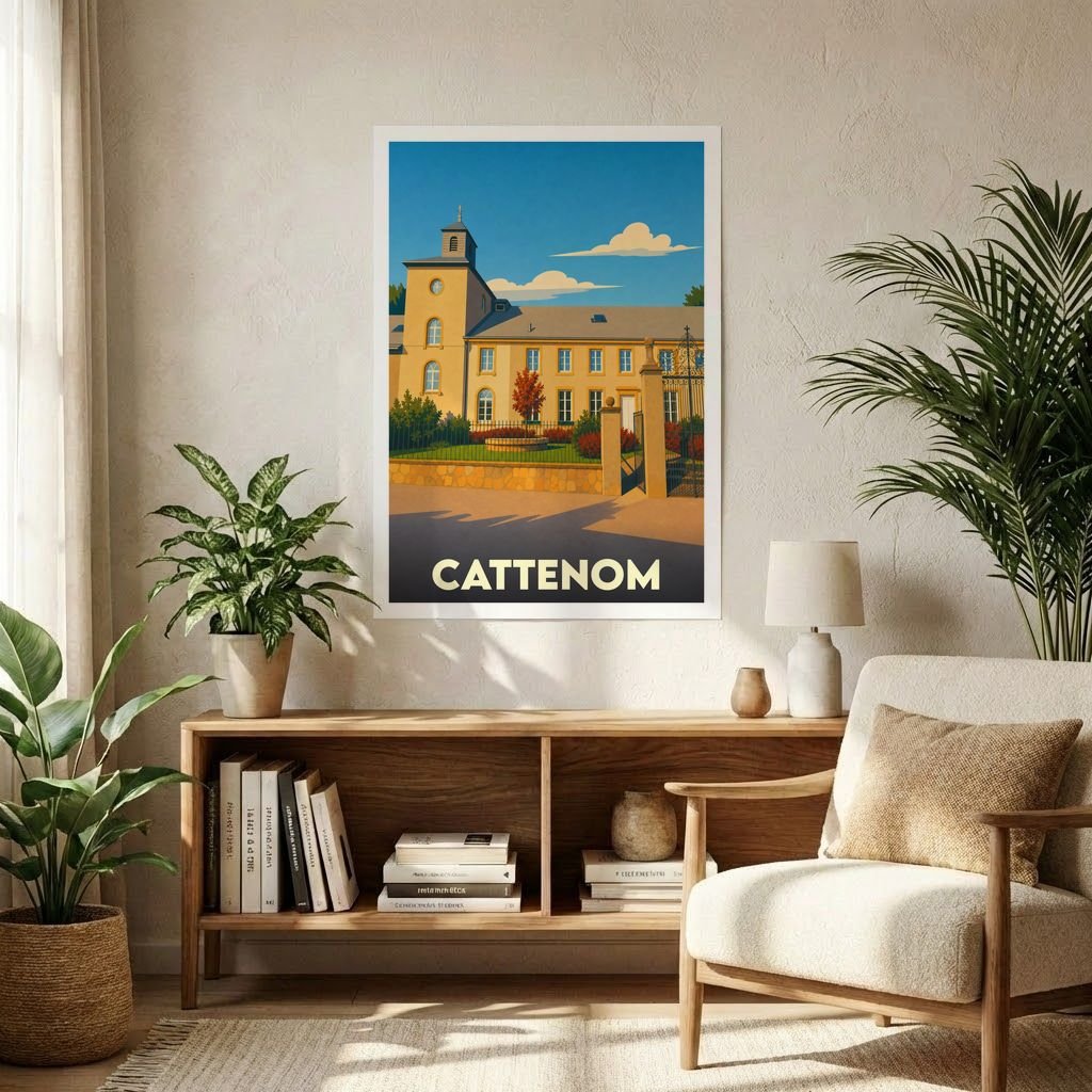 Affiche souvenir de la ville de Cattenom illustrant un bâtiment historique dans un style graphique épuré.