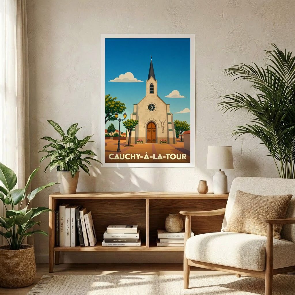 Affiche souvenir de la ville de Cauchy-à-la-Tour avec une illustration stylisée de son église sous un ciel bleu.
