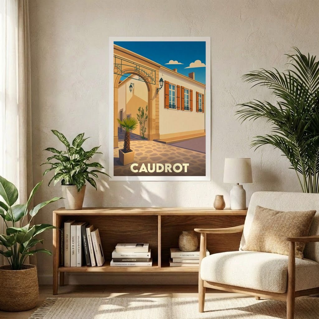 Affiche souvenir de la ville de Caudrot avec une illustration stylisée d'une rue ensoleillée.