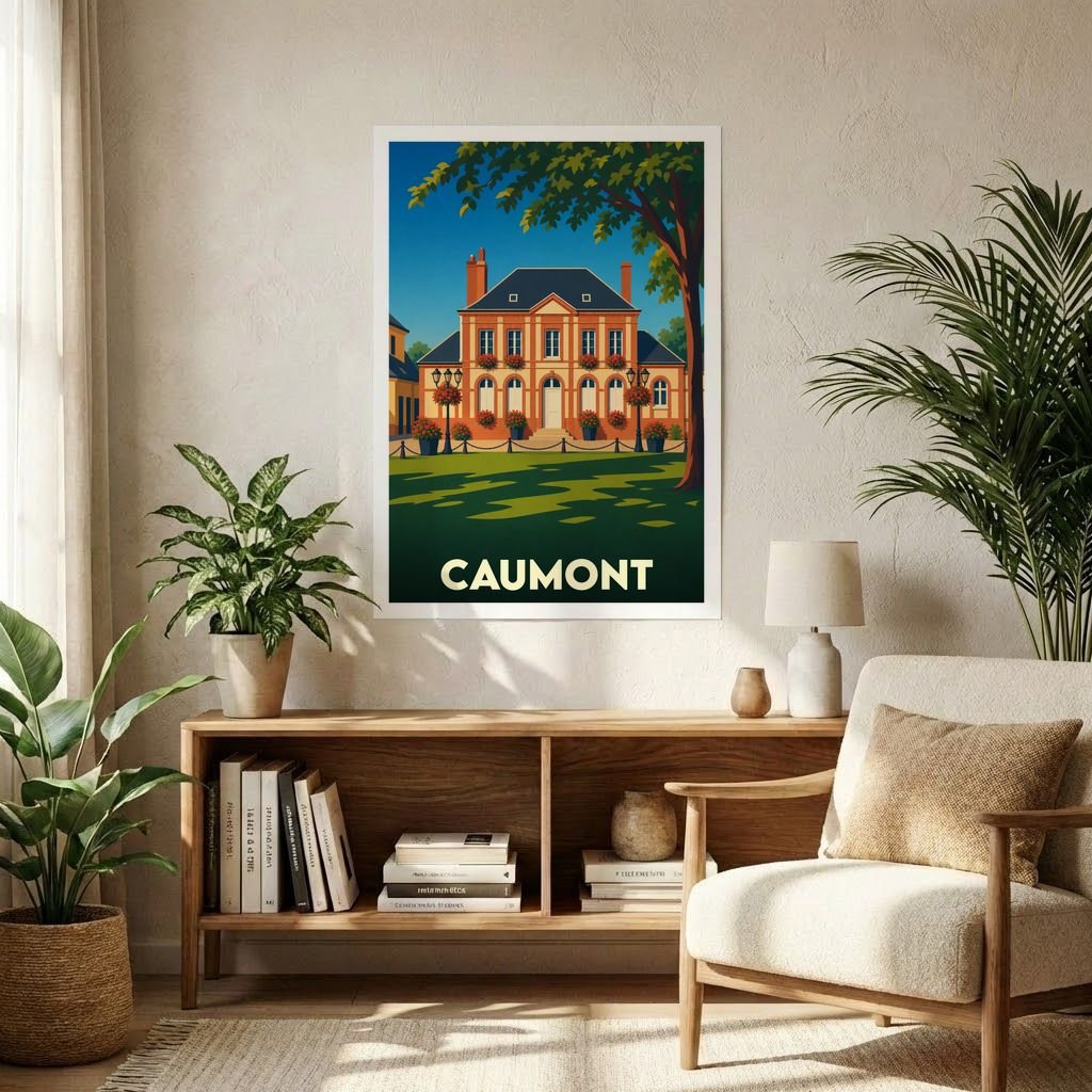 Affiche souvenir de la ville de Caumont représentant une bâtisse élégante dans un style graphique rétro.