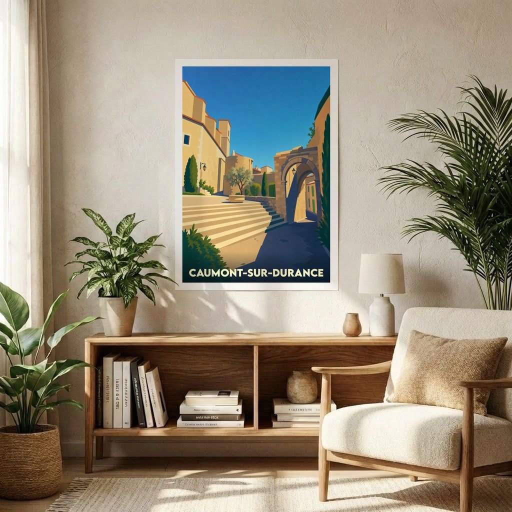 Affiche souvenir de la ville de Caumont-sur-Durance représentant une ruelle provençale ensoleillée dans un style graphique épuré.