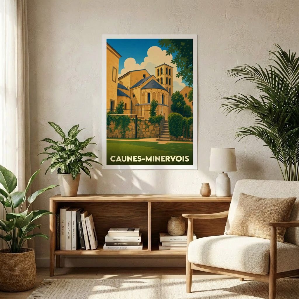 Affiche souvenir de la ville de Caunes-Minervois avec une illustration stylisée de son abbaye.