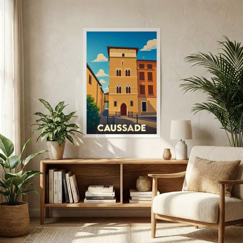 Affiche souvenir de la ville de Caussade présentant une illustration stylisée de son architecture historique.