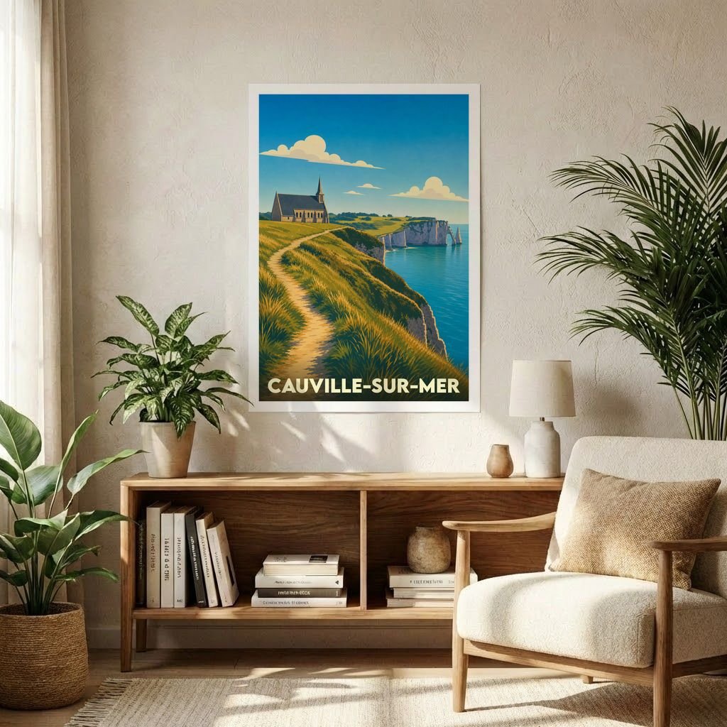 Affiche souvenir de la ville de Cauville-sur-Mer avec une illustration stylisée de ses falaises et de son église.