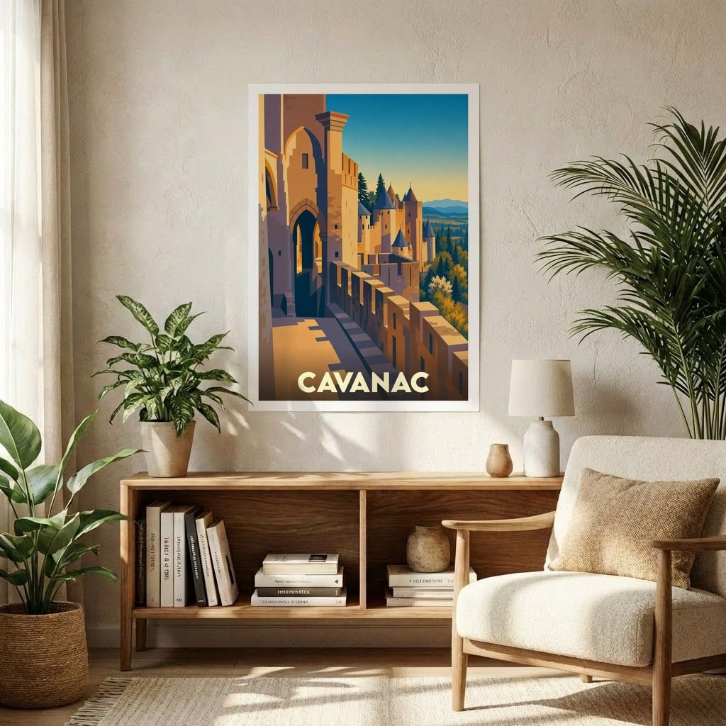 Affiche souvenir de la ville de Cavanac représentant une vue stylisée de ses remparts sous une lumière dorée.