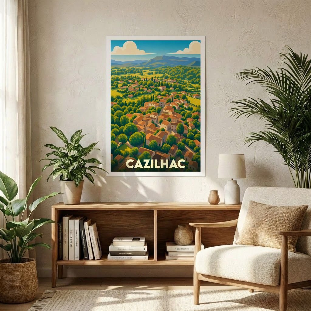 Affiche souvenir de la ville de Cazilhac avec une illustration stylisée de style vintage.