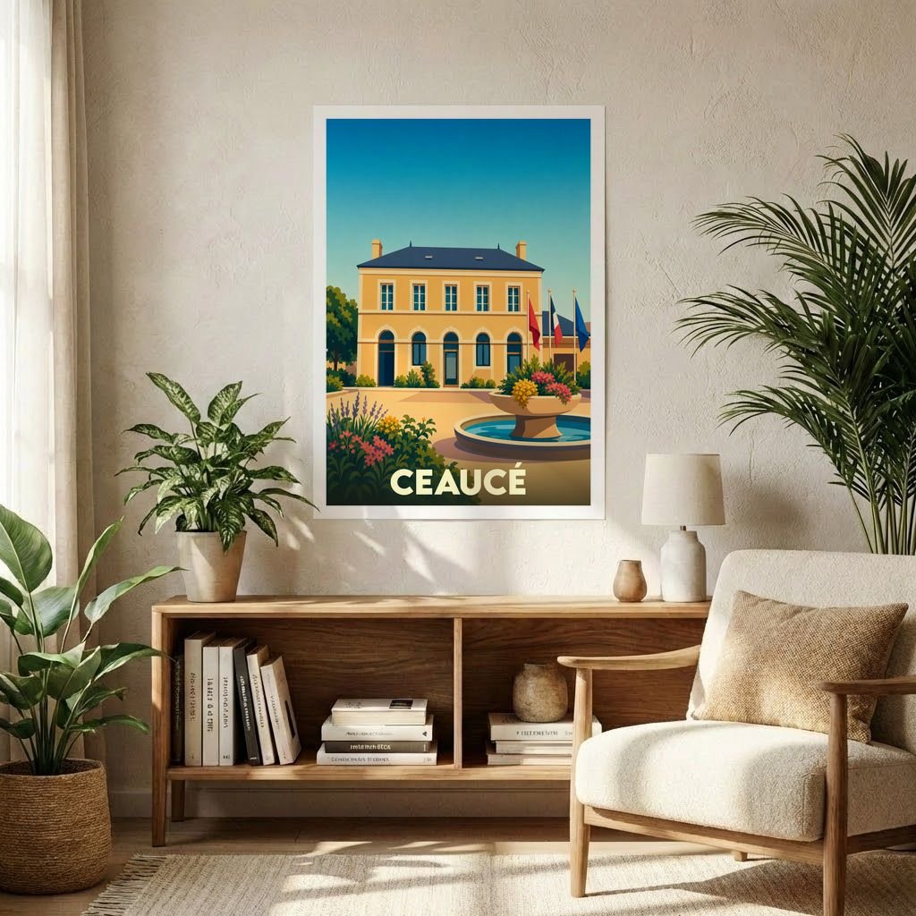 Affiche souvenir de la ville de Ceaucé avec une illustration stylisée d'un bâtiment historique et d'une fontaine.