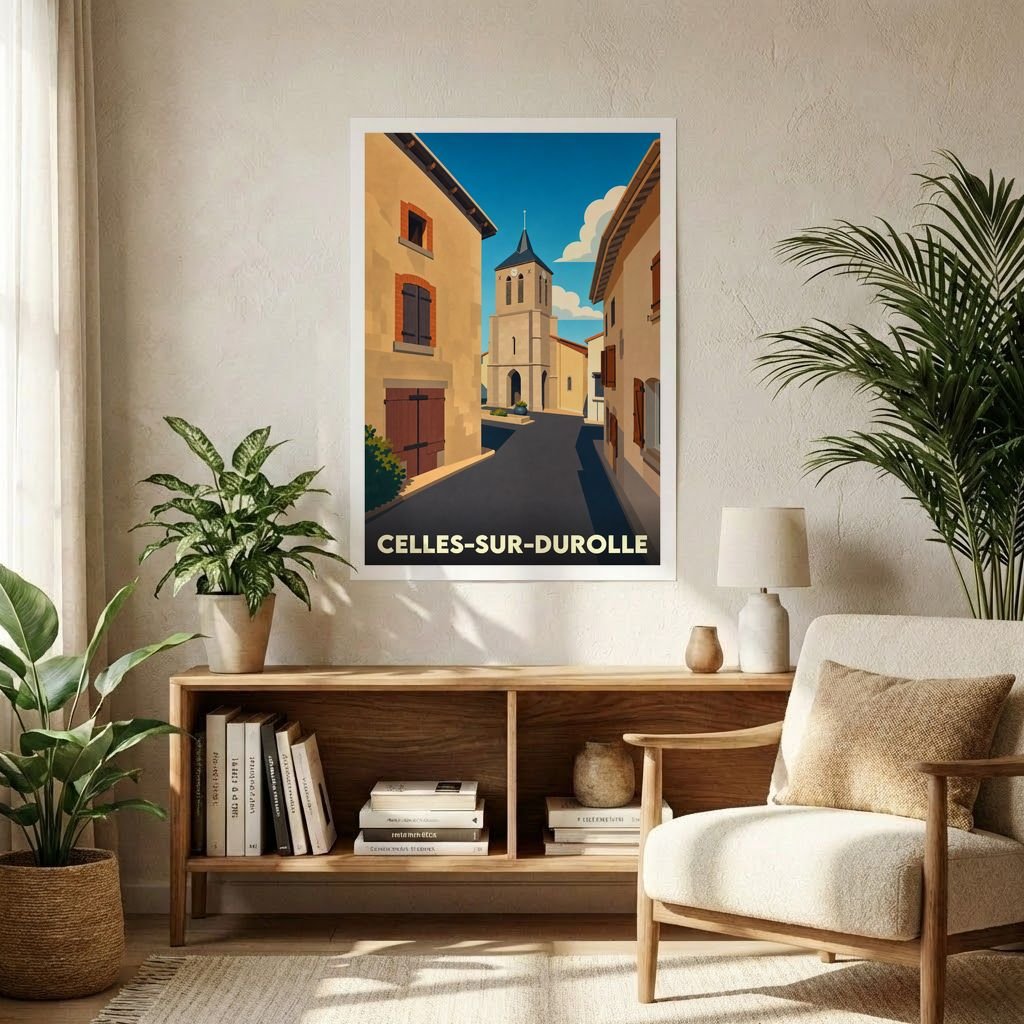 Affiche souvenir de la ville de Celles-sur-Durolle avec une illustration stylisée.