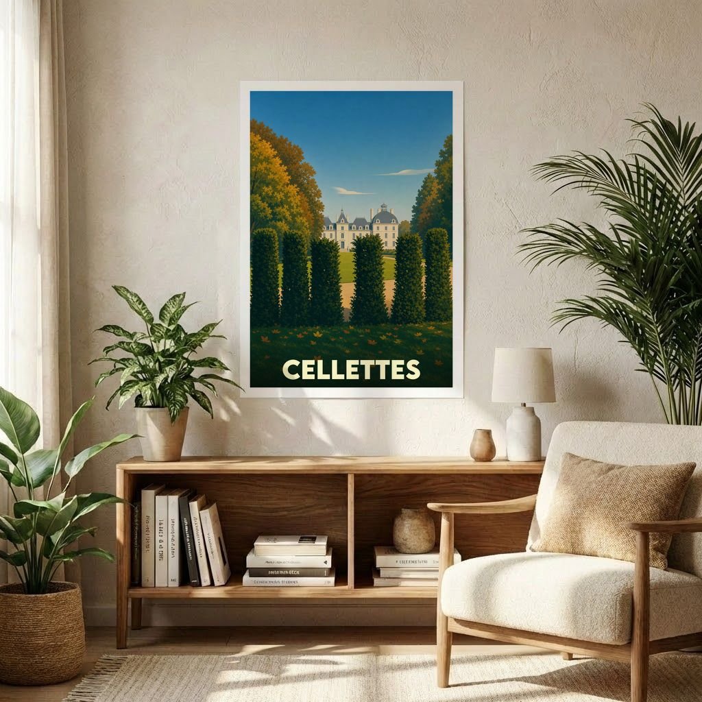 Affiche souvenir de la ville de Cellettes représentant son château à travers une illustration stylisée.