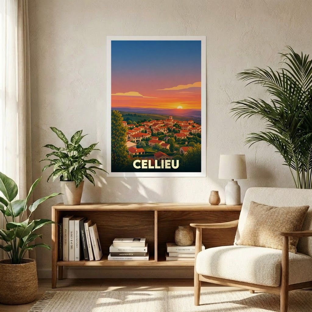 Affiche souvenir de la ville de Cellieu représentant un paysage de village au coucher du soleil dans un style illustré.