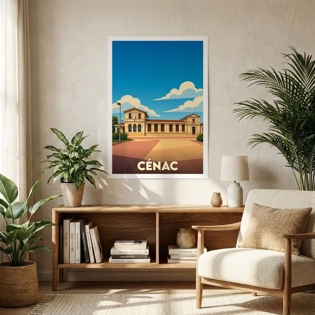 Affiche souvenir de la ville de Cénac présentant une illustration stylisée de son architecture locale sous un ciel bleu.