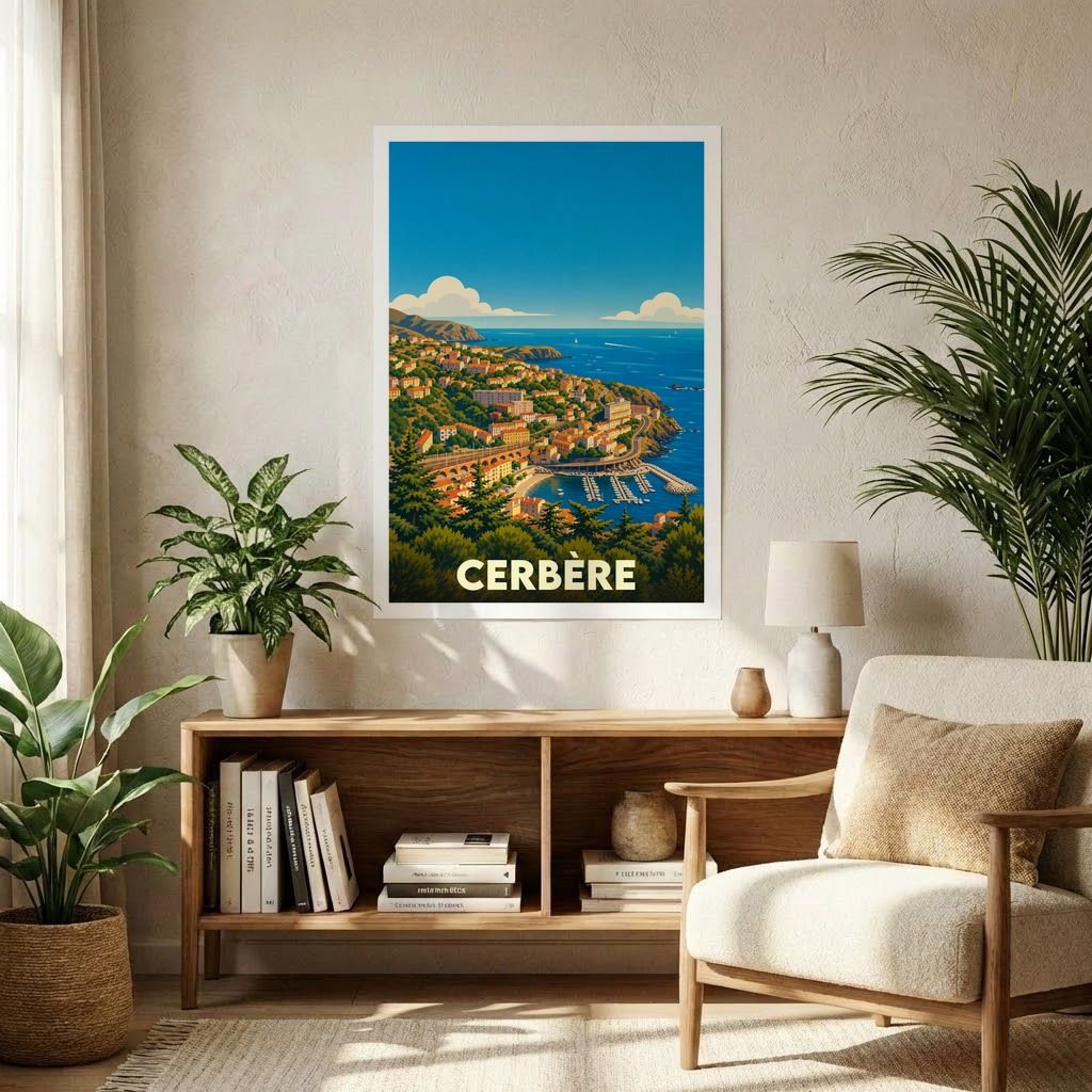 Affiche souvenir de la ville de Cerbère avec une illustration stylisée d'un paysage côtier.