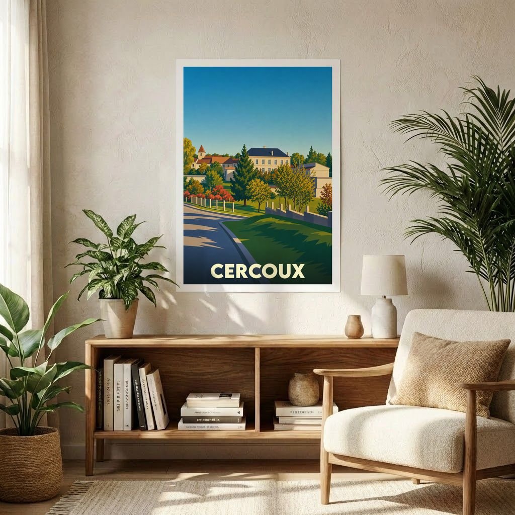 Affiche souvenir de la ville de Cercoux avec une illustration paysagère stylisée.