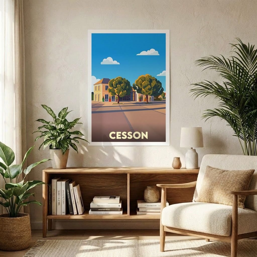 Affiche souvenir de la ville de Cesson avec une illustration stylisée.