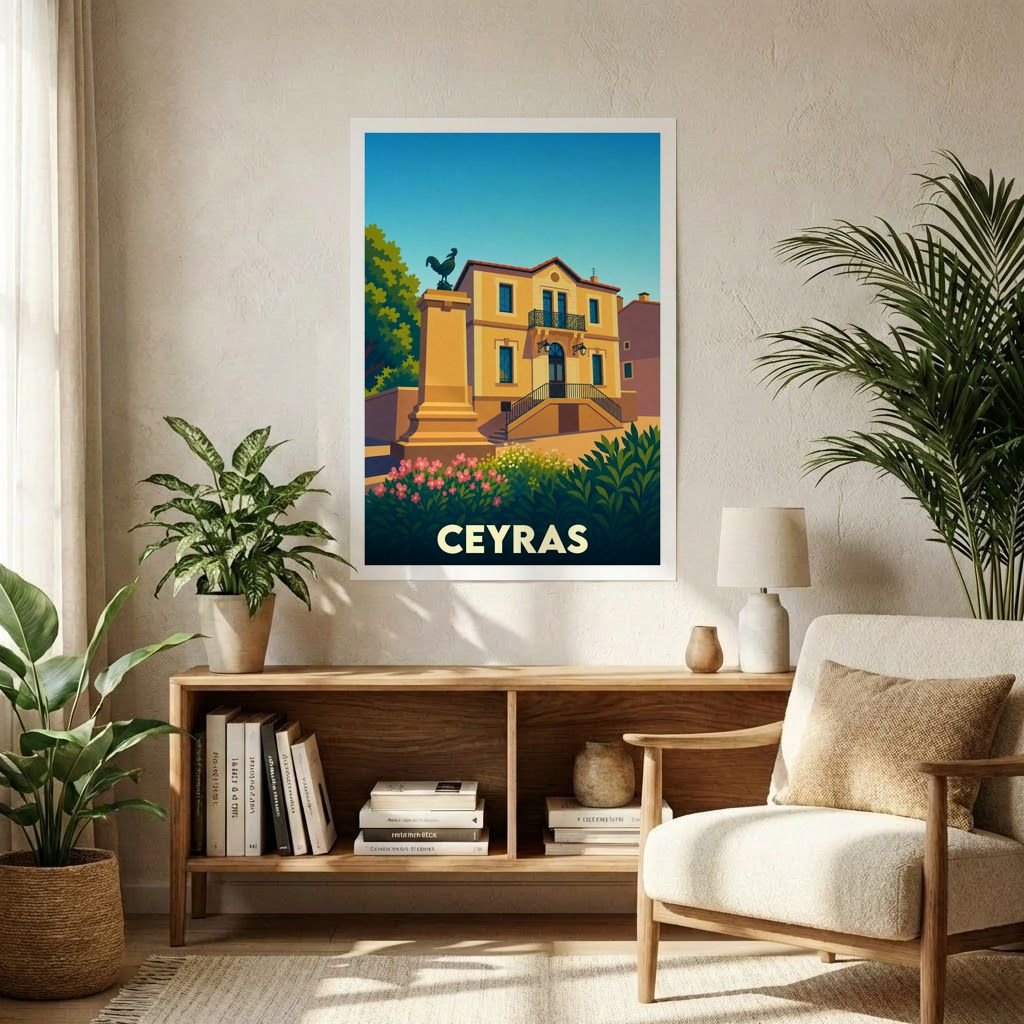 Affiche souvenir de la ville de Ceyras présentant une illustration stylisée et colorée de l'architecture locale.