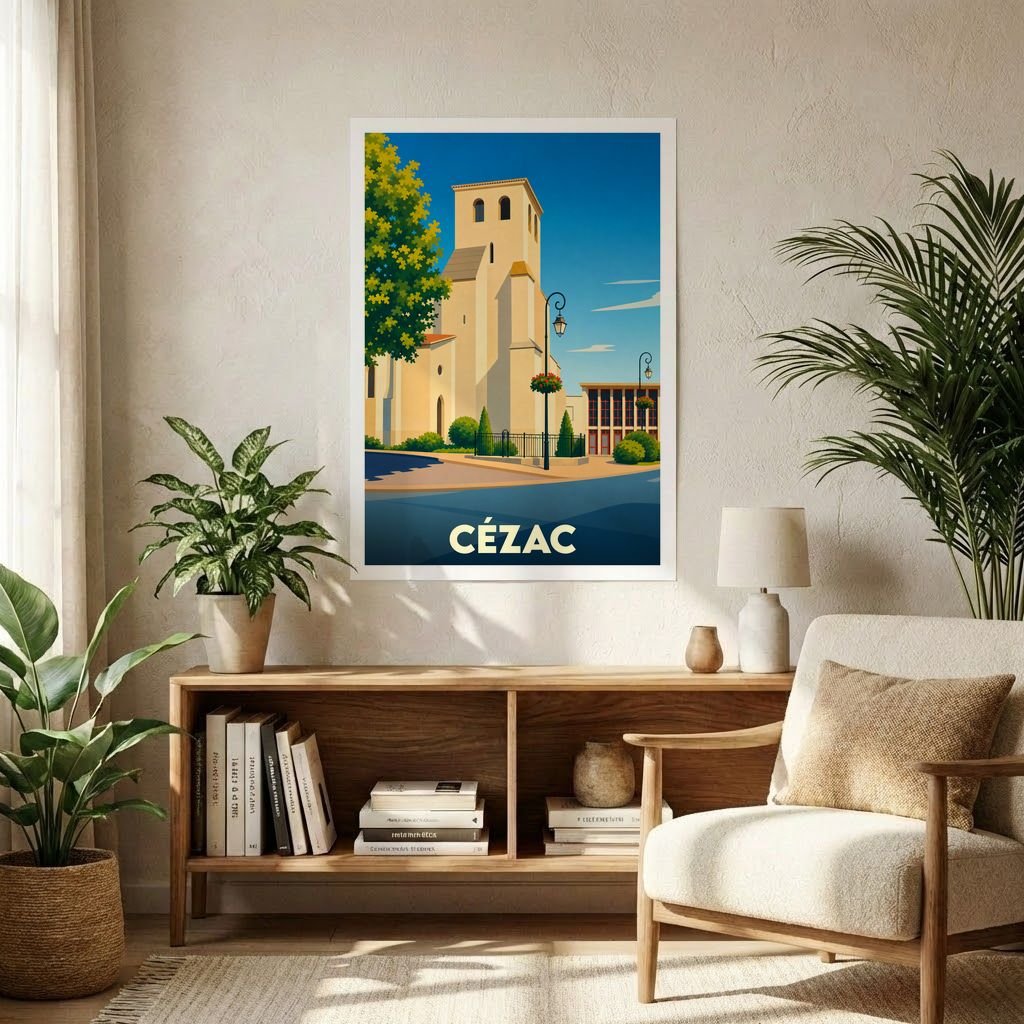 Affiche souvenir de la ville de Cézac avec une illustration stylisée de son église sous un ciel bleu.