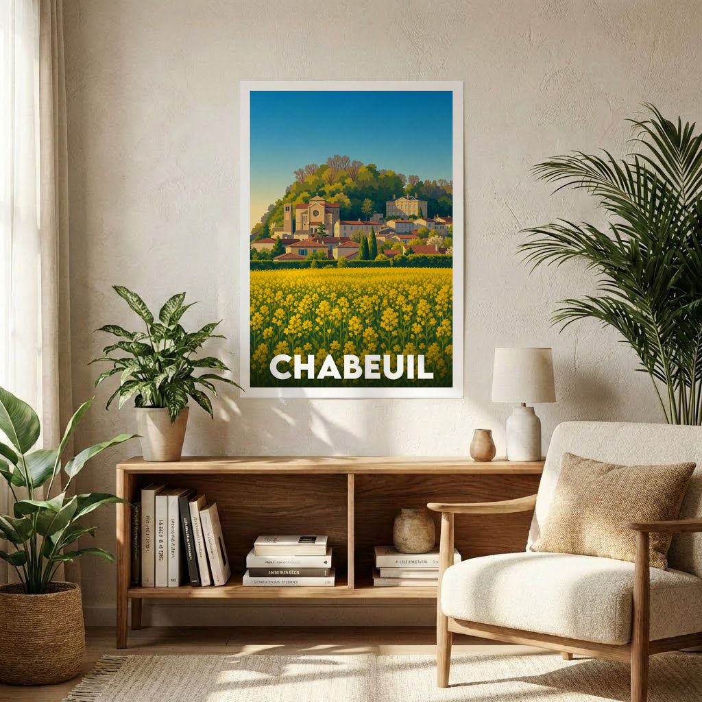 Affiche souvenir de la ville de Chabeuil représentant son village perché au-dessus d'un champ de fleurs jaunes.