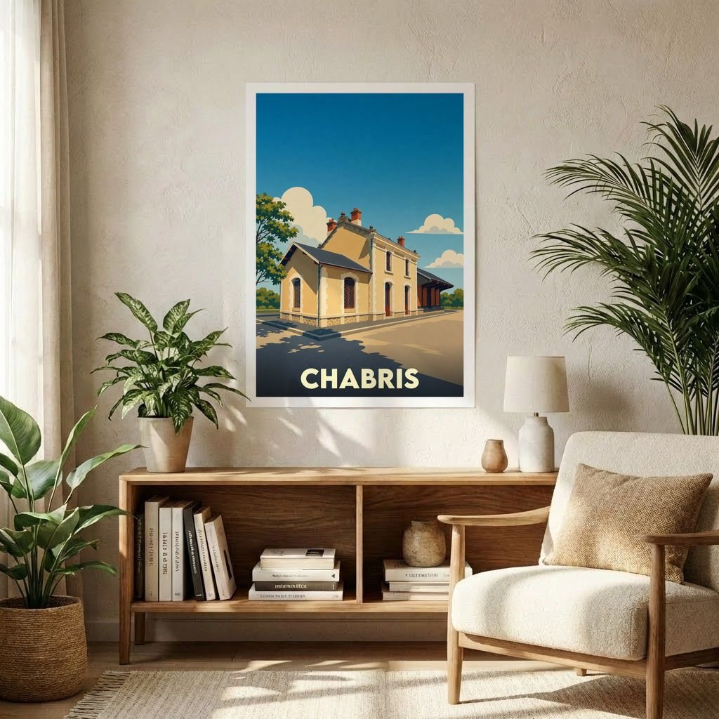 Affiche souvenir de la ville de Chabris avec une illustration stylisée d'une gare sous un ciel bleu.