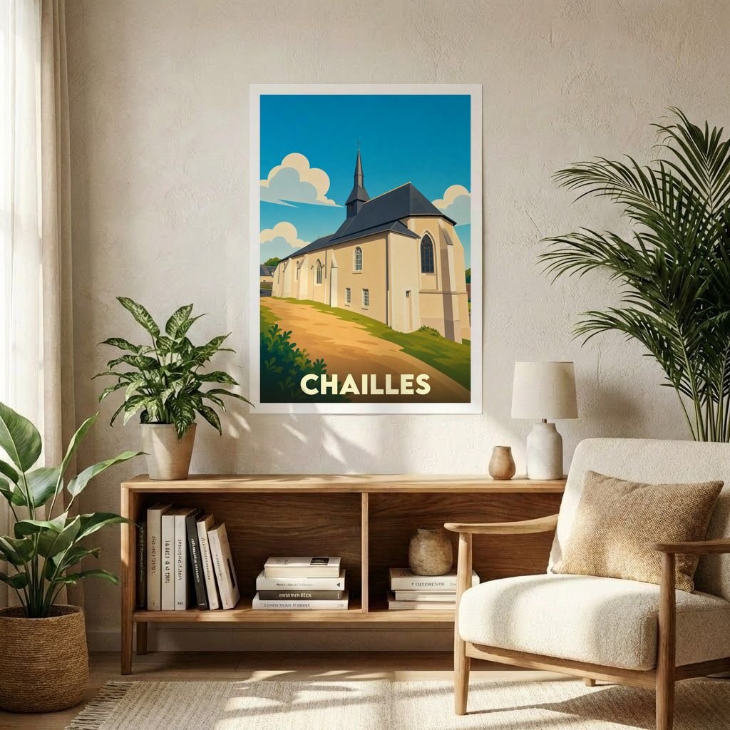 Affiche souvenir de la ville de Chailles avec une illustration stylisée de son église sous un ciel bleu.