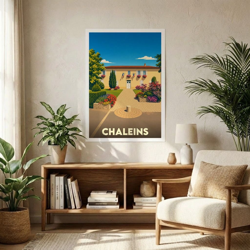 Affiche souvenir de la ville de Chaleins avec une illustration stylisée d'un bâtiment fleuri sous un ciel bleu.