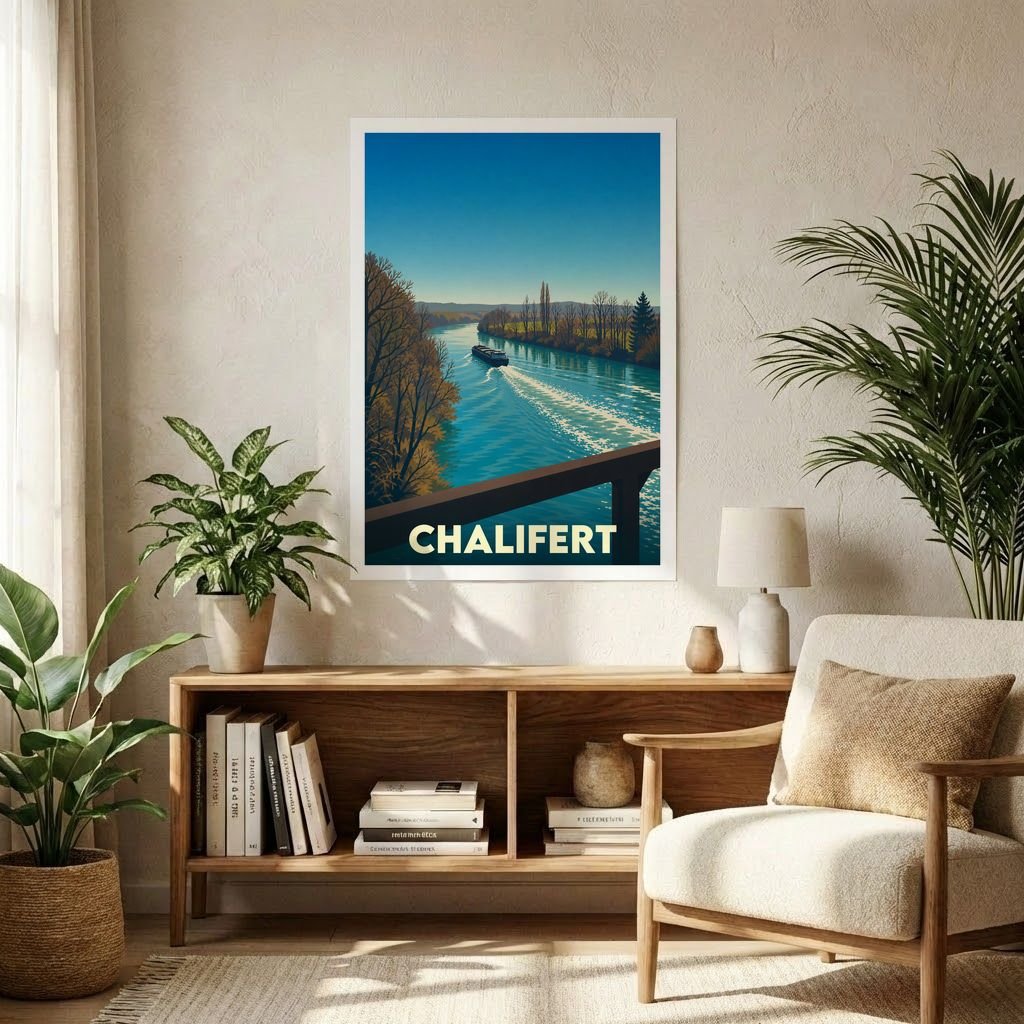 Affiche souvenir de la ville de Chalifert représentant un bateau naviguant sur la Marne dans un style vintage.