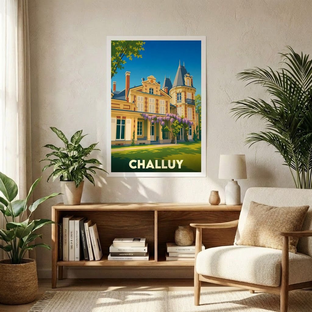 Affiche souvenir de la ville de Challuy présentant une illustration stylisée d'un manoir coloré.