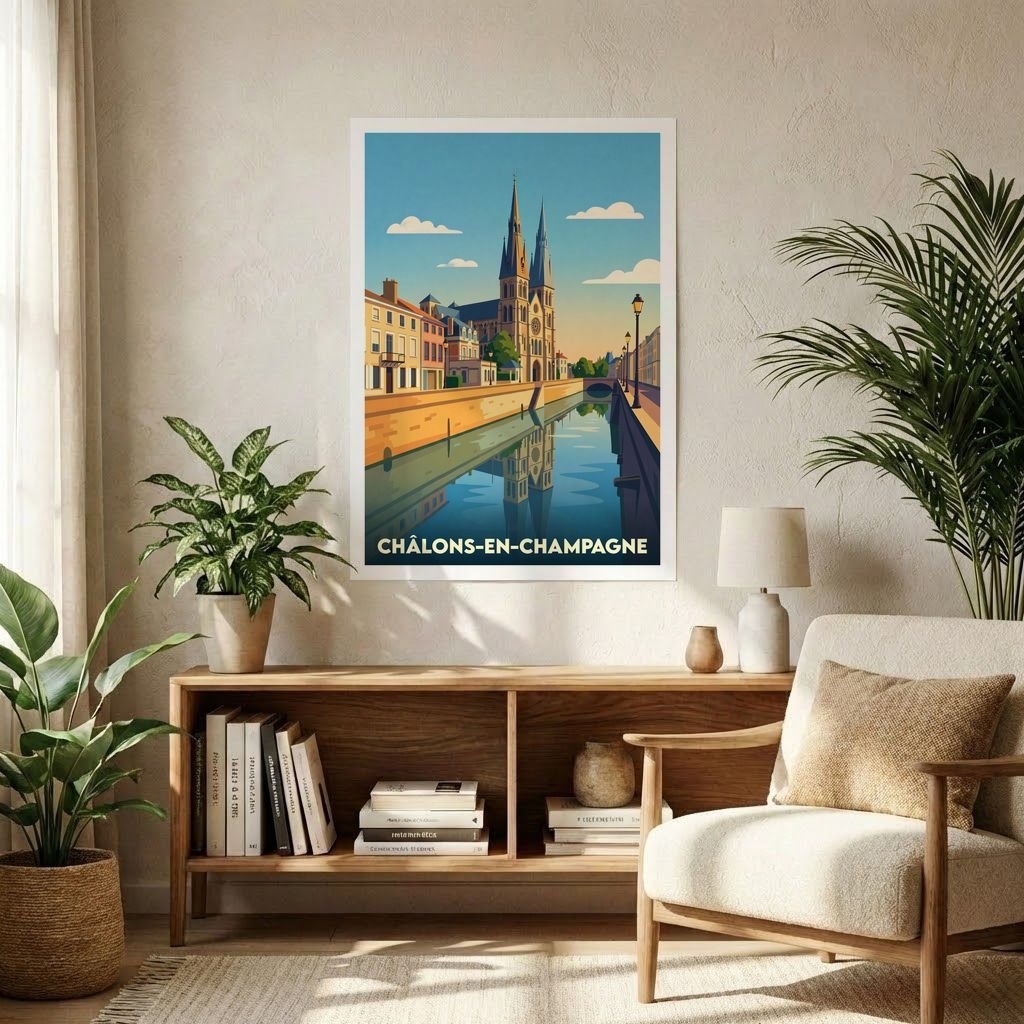 Affiche souvenir de la ville de Châlons-en-Champagne avec une illustration stylisée.
