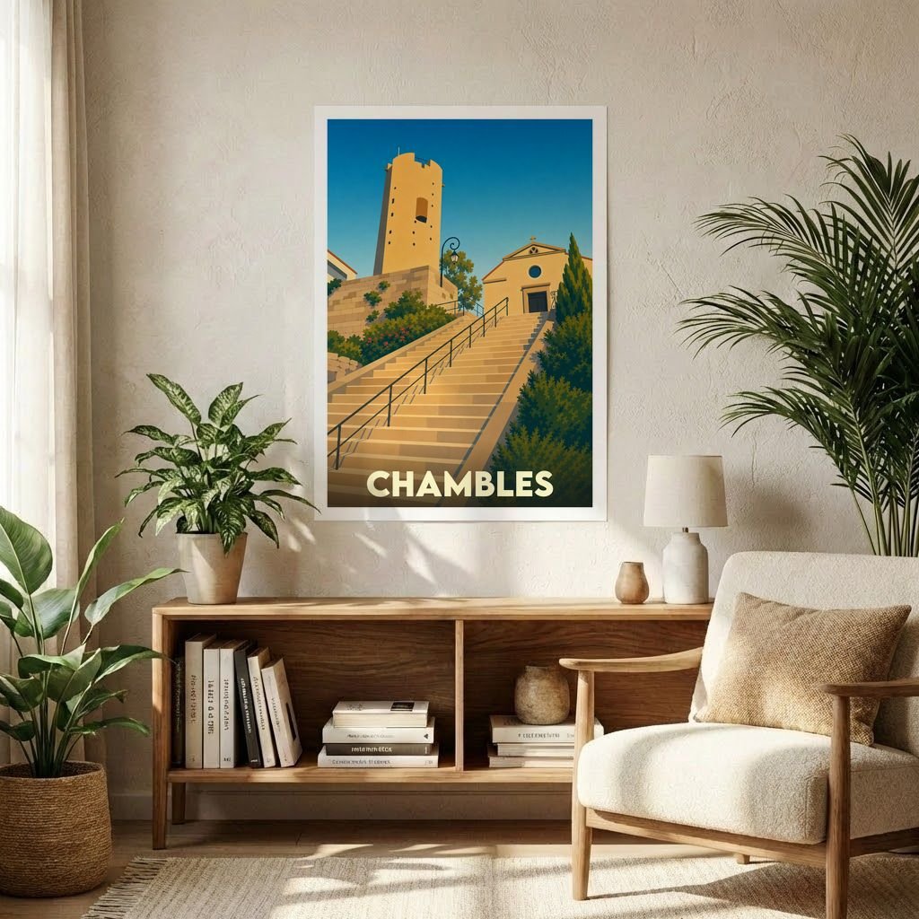 Affiche souvenir de la ville de Chambles avec une illustration stylisée représentant sa tour médiévale et ses escaliers.