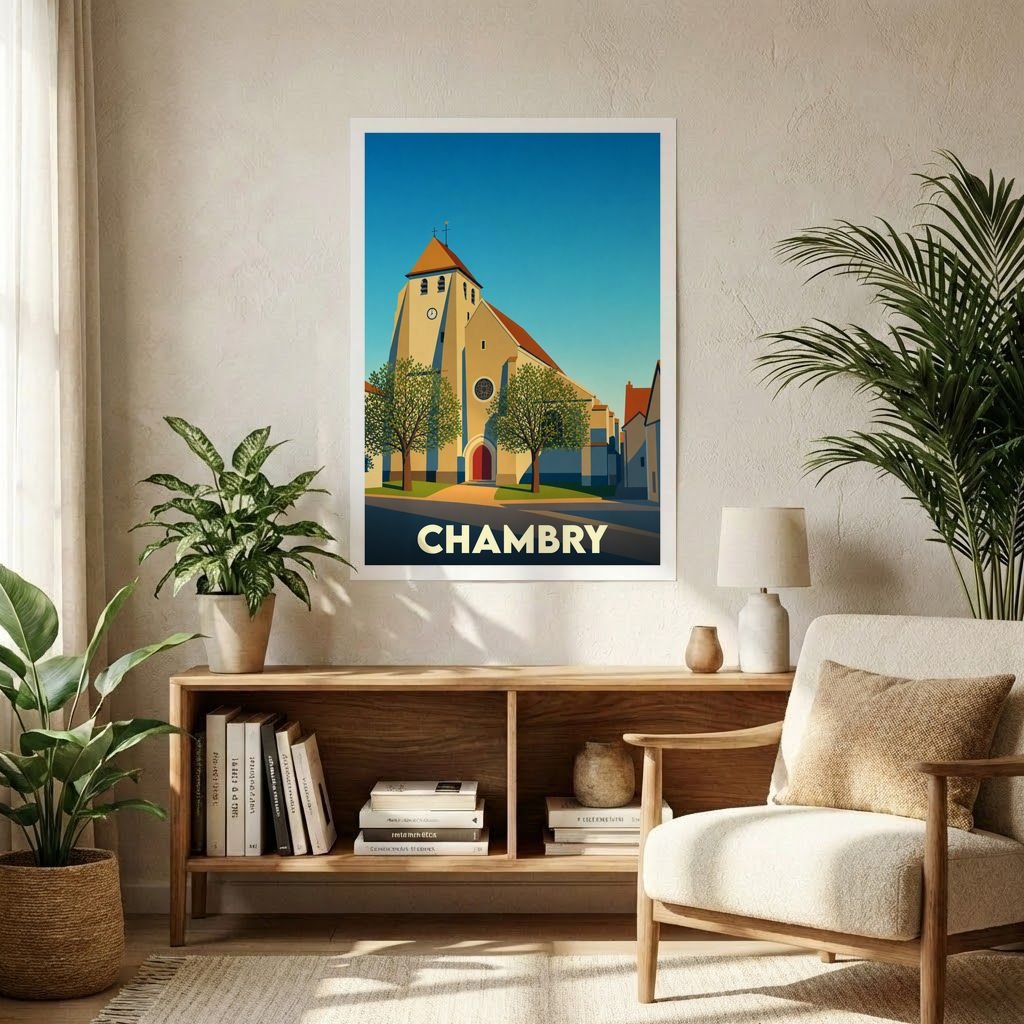 Affiche souvenir de la ville de Chambry avec une illustration stylisée de son église.