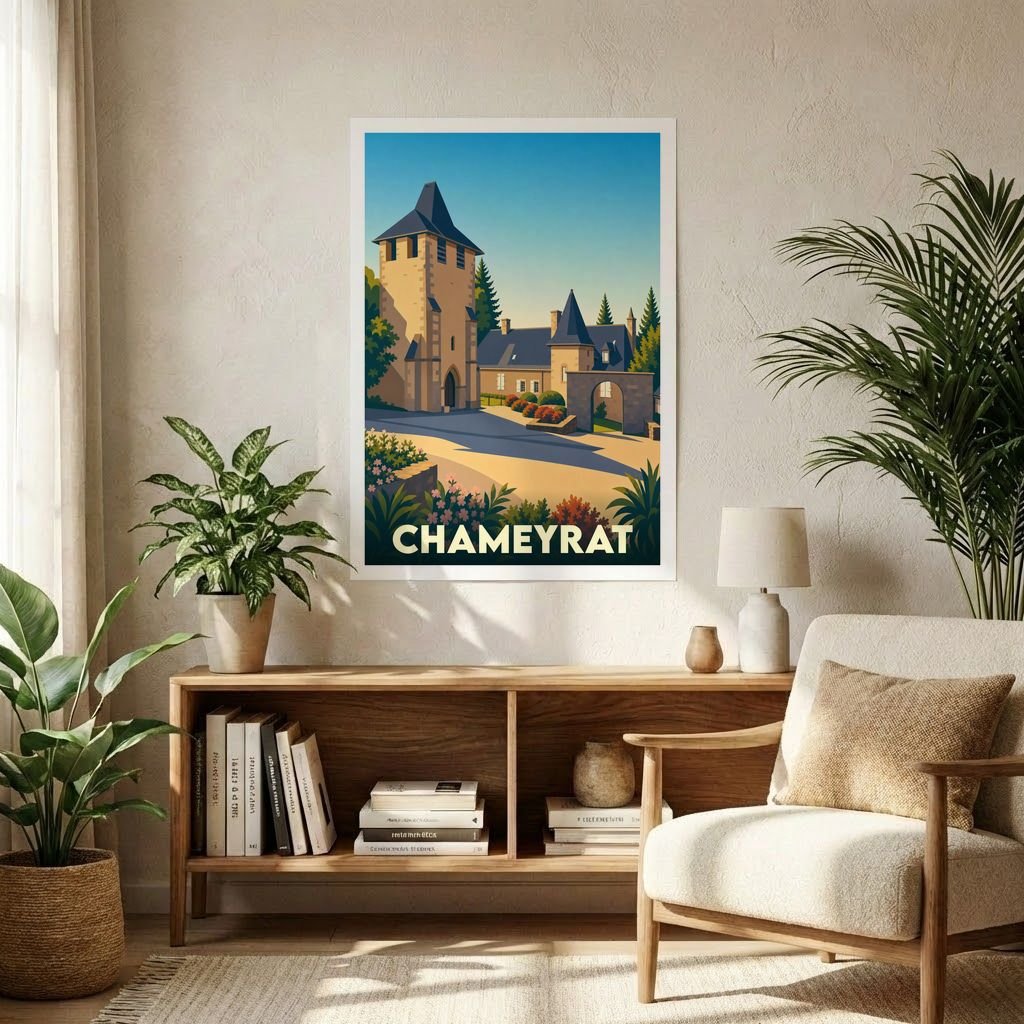 Affiche souvenir de la ville de Chameyrat avec une illustration stylisée.