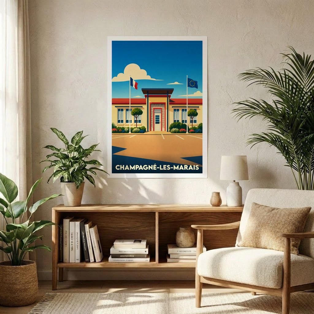 Affiche souvenir de la ville de Champagné-les-Marais représentant sa mairie avec une illustration stylisée.
