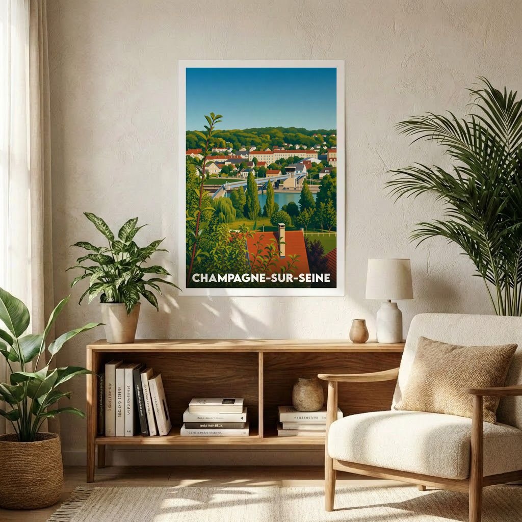 Affiche souvenir de la ville de Champagne-sur-Seine présentant une illustration stylisée et colorée de ses paysages.