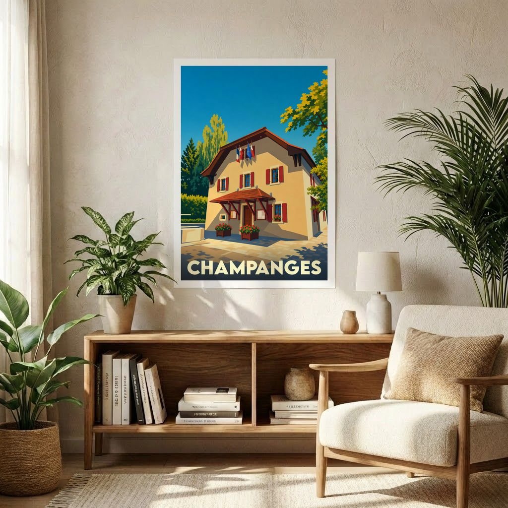 Affiche souvenir de la ville de Champanges représentant une illustration stylisée d'un bâtiment traditionnel sous un ciel bleu.