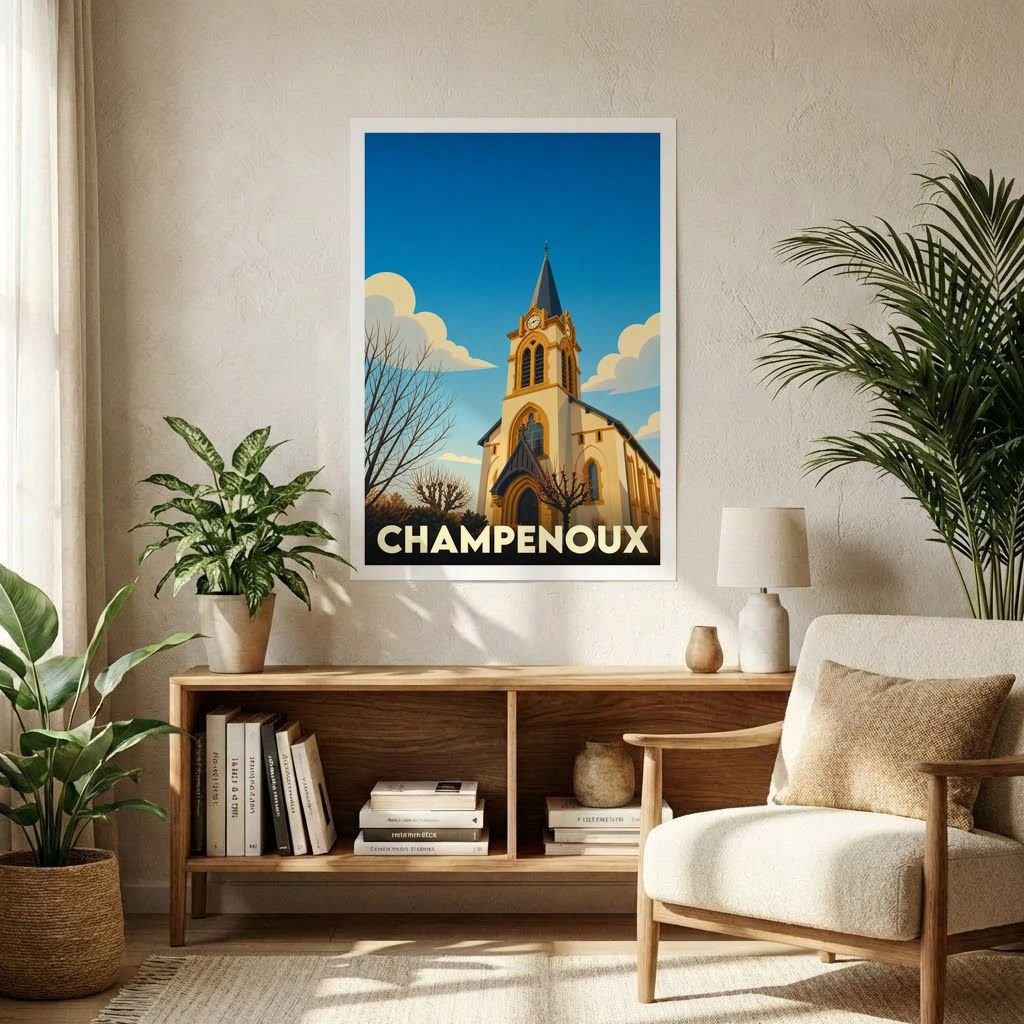 Affiche souvenir de la ville de Champenoux illustrant son église dans un style graphique rétro.