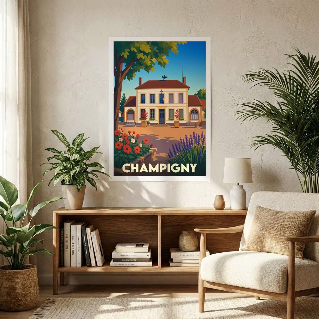 Affiche souvenir de la ville de Champigny avec une illustration colorée et stylisée d'un bâtiment classique entouré de végétation.