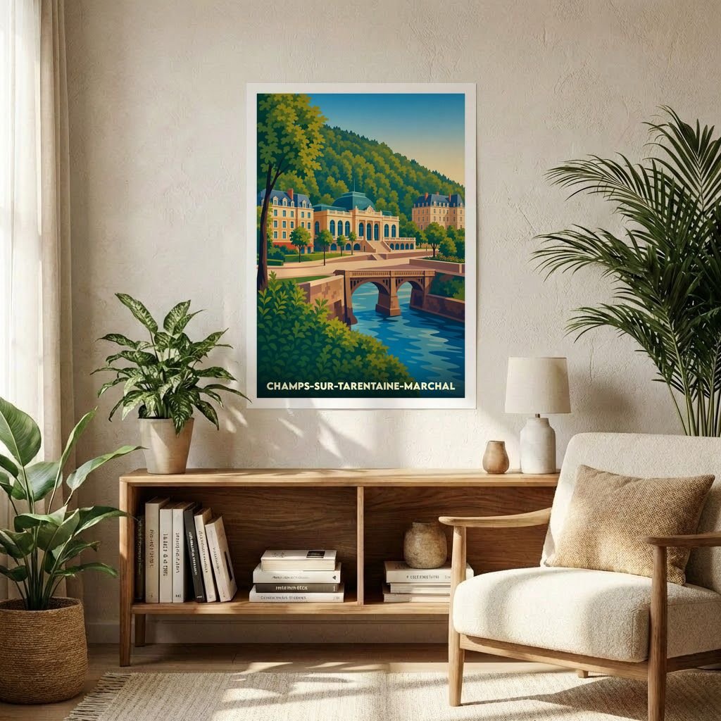 Affiche souvenir de la ville de Champs-sur-Tarentaine-Marchal avec une illustration stylisée.