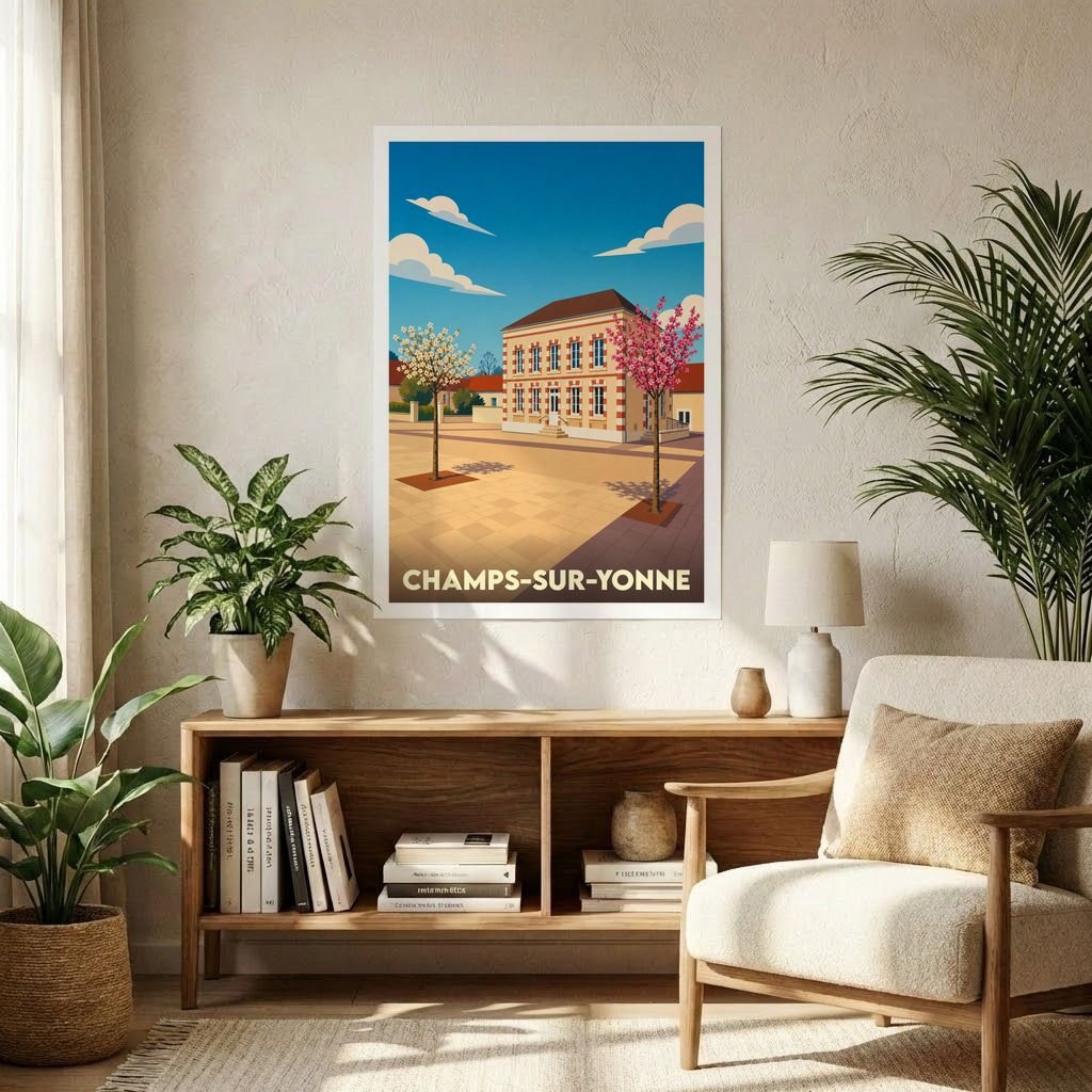 Affiche souvenir de la ville de Champs-sur-Yonne avec une illustration stylisée de sa mairie et d'arbres en fleurs.