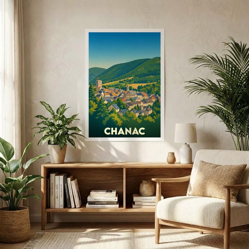 Affiche souvenir de la ville de Chanac présentant une illustration stylisée d'un village niché dans une vallée verdoyante.