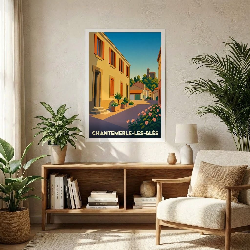 Affiche souvenir de la ville de Chantemerle-les-Blés avec une illustration stylisée d'une rue ensoleillée.